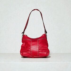 Peck & Peck Red Pebbled Leather Shoulder Bag Multi Zip Pockets Silver Hardware